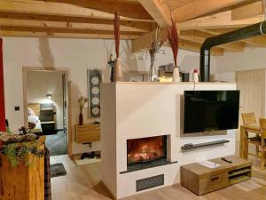 a living room with a fireplace and a tv at Ferienanlage Klotz in Pleystein