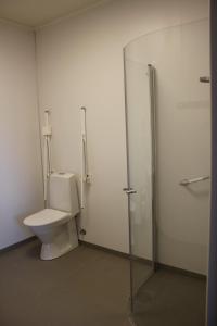 a bathroom with a toilet and a glass shower stall at Joker Bø in Bø i Vesterålen