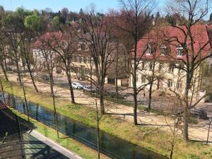 widok na park z drzewami i budynek w obiekcie Hotel Lippischer Hof w mieście Detmold