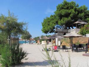 a beach with chairs and umbrellas and a tree at Apartment Dragica in Sveti Filip i Jakov