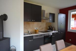 a kitchen with black cabinets and a sink at Urlaub am Plätlinsee - Haus Odin in Wustrow