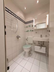La salle de bains blanche est pourvue de toilettes et d'un lavabo. dans l'établissement Wildente am See, à Maishofen