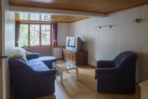 ein Wohnzimmer mit 2 blauen Stühlen und einem TV in der Unterkunft OldSwissHome in Matten