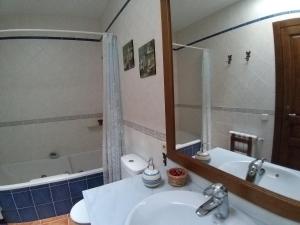 a bathroom with a sink and a tub and a mirror at Casa Rural EL VALLECILLO in Valle de Tabladillo +45 photos
