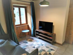 a living room with a tv and a chair at Appartement dans ferme rénovée au cœur du Grand Massif in Sixt