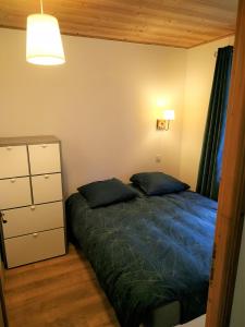 um quarto com uma cama, uma cómoda e um candeeiro em Appartement dans ferme rénovée au cœur du Grand Massif em Sixt