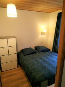 ein Schlafzimmer mit einem Bett, einer Kommode und einer Lampe in der Unterkunft Appartement dans ferme rénovée au cœur du Grand Massif in Sixt