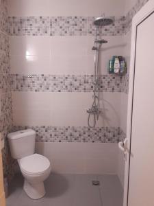 a bathroom with a toilet and a shower at Апартамент Оскар in Burgas City