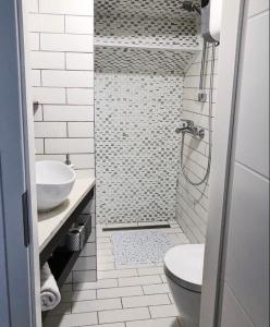 a bathroom with a shower and a toilet and a sink at Altana Mario in Piran +2 photos