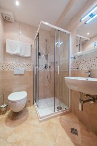 a bathroom with a shower and a toilet and a sink at Penzion Livada in Kranjska Gora