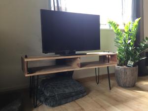 un televisore su un supporto in legno in soggiorno di De Skure a Harelbeke
