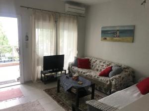 a living room with a couch and a tv at Luxurious Apartment Vrasna in Nea Vrasna