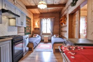 uma cozinha com um fogão e 2 camas num quarto em Dom Tomusik em Zakopane