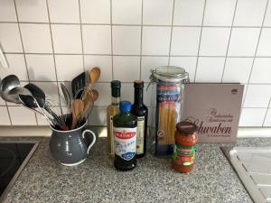 路德維希堡的住宿－Zentraler geht es kaum - in königlicher Nachbarschaft!，一个带瓶装葡萄酒和盒子的厨房台面