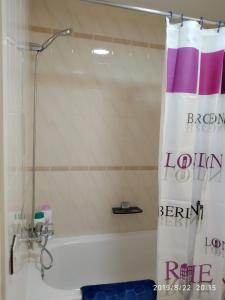 a shower with a shower curtain in a bathroom at PEP'S Family House in Empuriabrava +12 photos