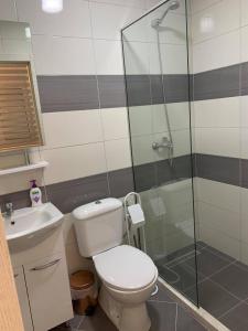 a bathroom with a toilet and a glass shower at Apartment All Seasons in Ulcinj