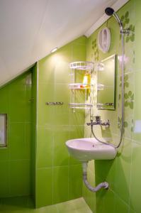 a green bathroom with a sink and a shower at Danailovi Guest House in Sapareva Banya +32 photos