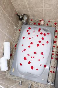 a bath tub with red hearts on it in a bathroom at Hotel e Restaurante Champagne in Campo Belo