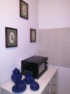 un four micro-ondes installé au-dessus d'un comptoir avec des bols bleus dans l'établissement Appartamento al sole, à Pieve di Cadore