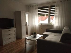 salon z kanapą, telewizorem i stołem w obiekcie Apartmán Tereza w mieście Kraslice