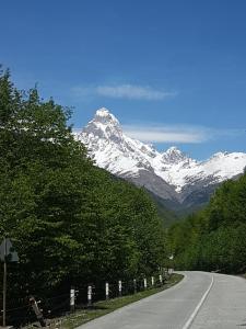 a road with a snow covered mountain in the distance at Apartment Jorjo Mestia in Mestia