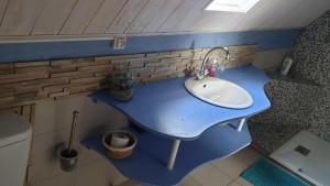 a blue sink in a small bathroom with a toilet at Appartement 2 chambres Lili in Poligny