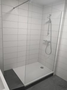 オベルネにあるAppart' O bernaiのバスルーム(ガラスドア付きのシャワー付)