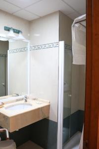 a bathroom with a sink and a shower at Hotel Restaurante Blanco y Verde in Conil de la Frontera