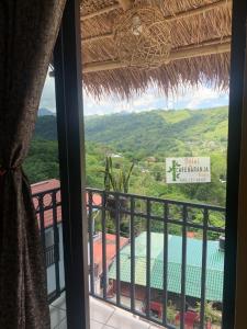 a view of a pool from a room with a window at Hotel CaféNaranja Xilitla in Xilitla