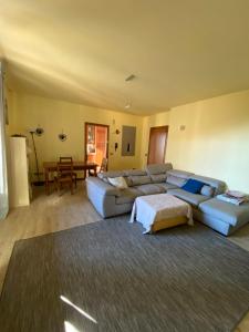 - un grand salon avec des canapés et un tapis dans l'établissement Appartamento Nel verde del Parco della Rocca, à Manerba del Garda