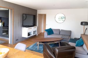 a living room with a couch and a tv at Spacieux T2 remis à neuf, à 3 min des plages, terrasse in Anglet +4 photos