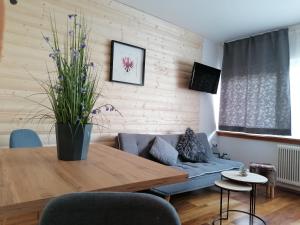 ein Wohnzimmer mit einem blauen Sofa und einem Holztisch in der Unterkunft Seefeld- Haus Alpenland Top 23 in Seefeld in Tirol
