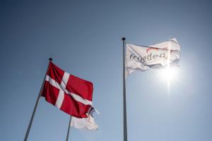 twee vlaggen van Ierland en de vlag van Engeland bij Hotel Friheden in Allinge