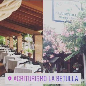 Brezzo的住宿－拉貝圖拉農家樂，粉红色花卉餐厅的一排桌子