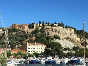 a bunch of boats in a marina with a castle on a mountain at appartement cosy à 10 mètres du port de Cassis in Cassis