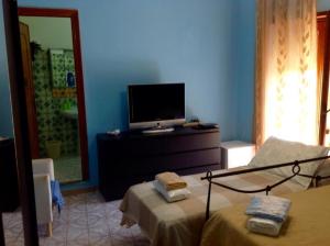 a blue room with a tv and a bed and a mirror at Villa Lembo in Agnone