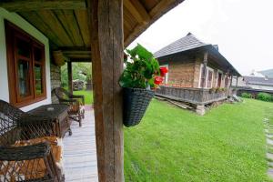 une terrasse couverte avec une plante en pot sur une maison dans l'établissement Casa Bunicii din Bucovina, à Vama