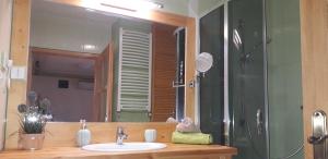 a bathroom with a sink and a shower and a mirror at Diána Apartmanház in Keszthely +109 photos