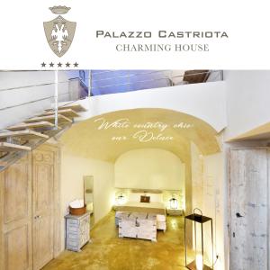 une chambre d'hôtel avec un lit et un escalier dans l'établissement Palazzo Castriota, à Alezio