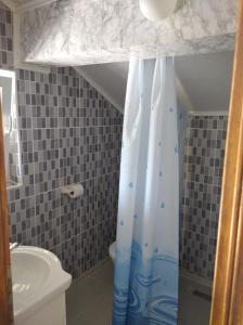 a bathroom with a toilet and a shower curtain at GM - Studio Apartment in Trebinje