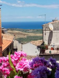 a view of the ocean from a balcony with pink flowers at Al vico art in Crosia +36 photos