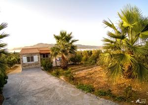 una entrada vacía a una casa con palmeras en House with Unique View en Elafonisos