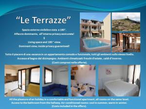 Un folleto para una casa en alquiler con una cama y una piscina. en "Le Terrazze", en Viddalba