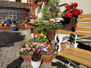 a bunch of flowers in baskets next to a bench at Reitmayer in Nový Smokovec