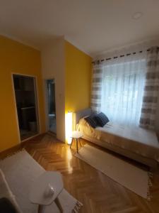 Un dormitorio con una cama grande y una ventana en IGNIM Apartment, en Subotica