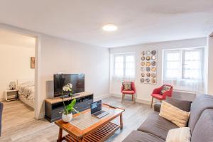 a living room with a couch and a tv at #CMI - CENTRE HISTORIQUE - Wifi - Tout confort in Colmar