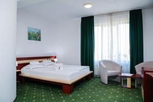 um quarto com uma cama, uma cadeira e uma janela em Hotel Pami em Cluj-Napoca