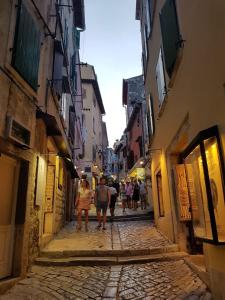 a group of people walking down a narrow street at Bruno Old town apartments in Rovinj