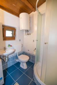 La salle de bains est pourvue de toilettes, d'un lavabo et d'une douche. dans l'établissement House Jasna Punta Kriza, à Punta Križa