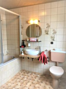 a bathroom with a sink and a toilet and a tub at Antjes Schmankerlhotel und Restaurant in Tröstau